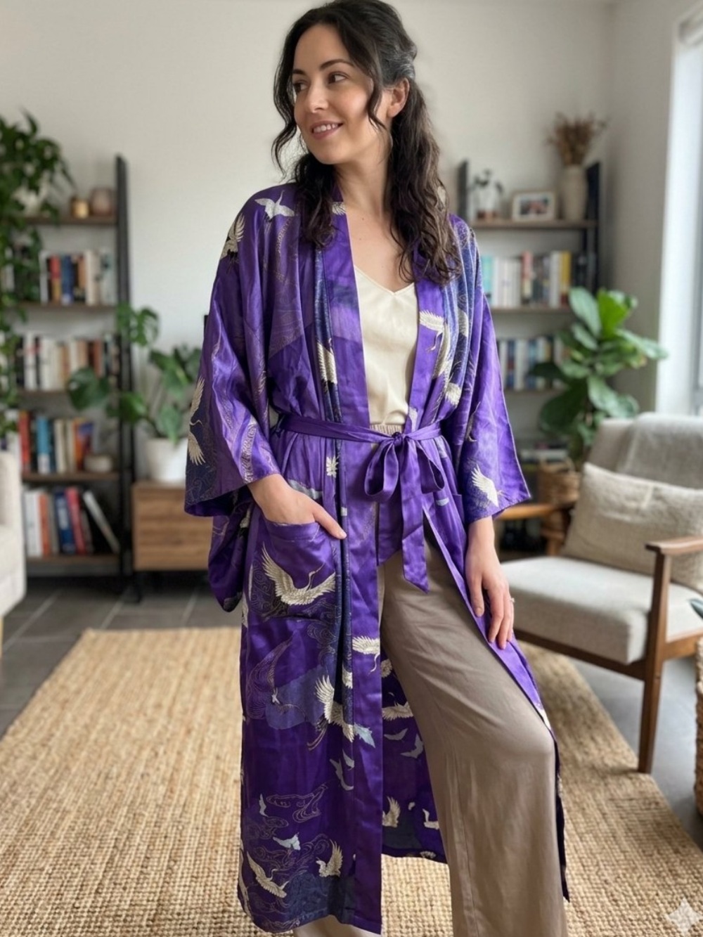 Elegant Purple Crane Print Kimono Robe with Tie